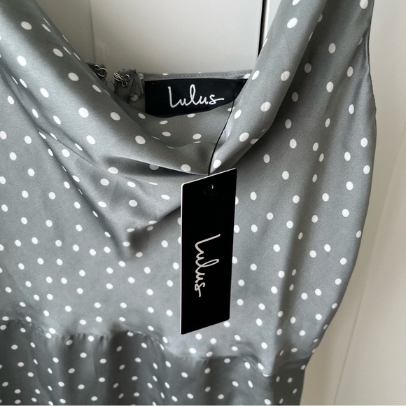 Lulus Spot in My Heart Sage Grey Polka Dot Satin Cowl Neck Mini Dress small NWT‎ - Picture 11 of 16